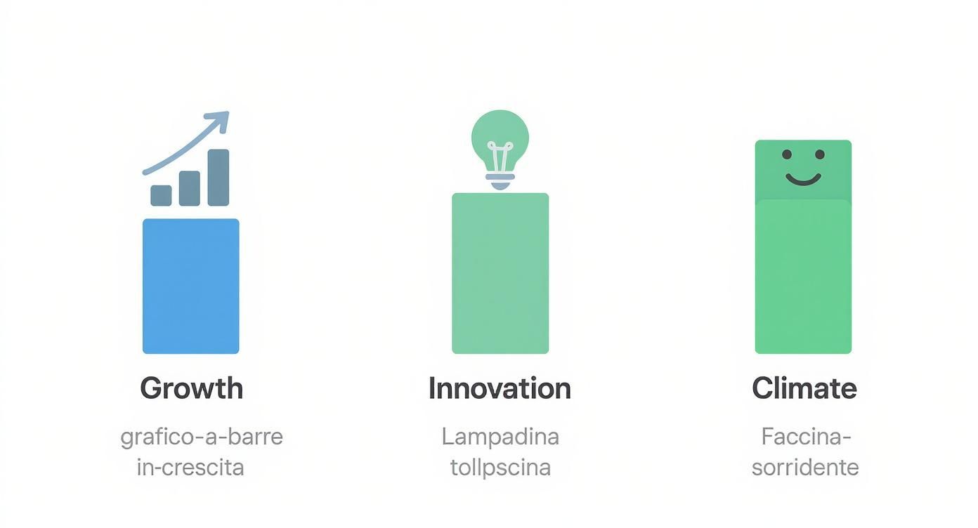 Tre icone stilizzate rappresentano crescita, innovazione e clima, con testi descrittivi in italiano.