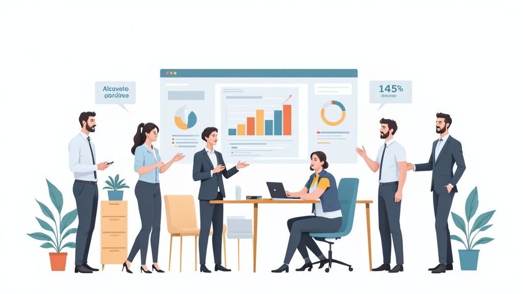 Riunione aziendale con professionisti che discutono l'analisi dei dati visualizzata su grafici a schermo.