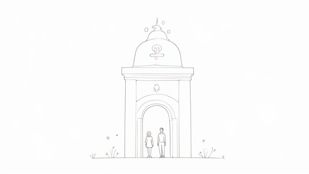 Disegno lineare di un edificio con una cupola e un arco, con due persone in piedi sotto.