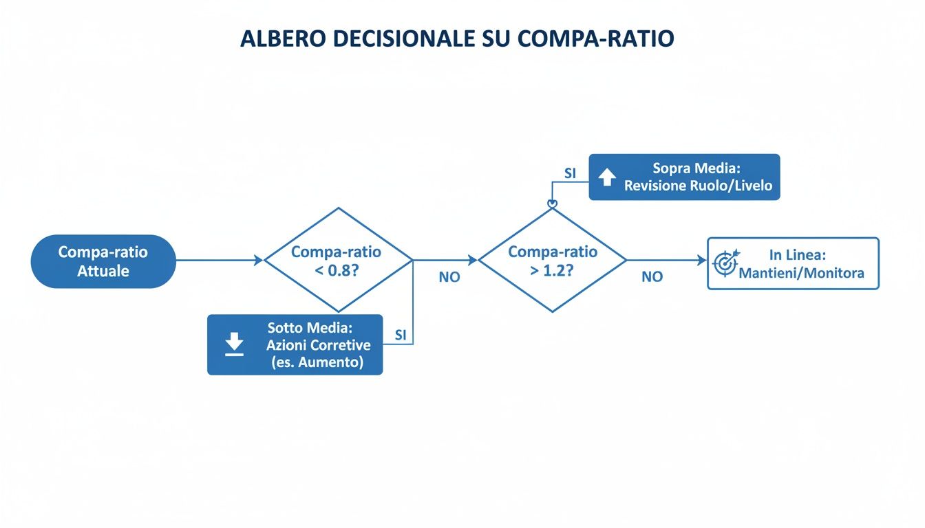 Diagramma di flusso decisionale sulla compa-ratio, che illustra le azioni basate sui diversi livelli del rapporto.