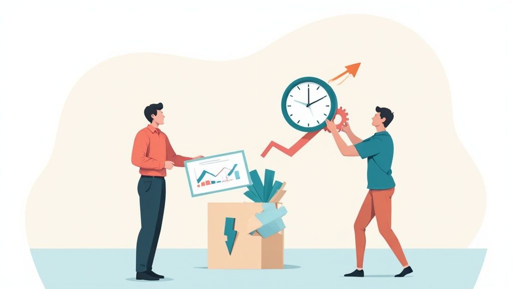 Due uomini collaborano con grafici, un orologio e ingranaggi, simboleggiando efficienza e crescita aziendale.