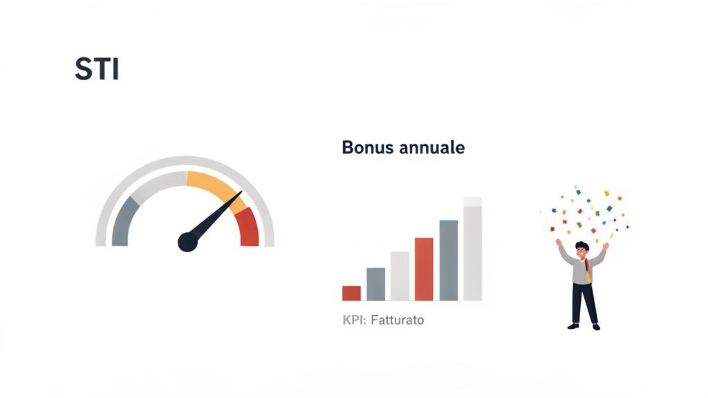 Un'immagine che illustra STI e il bonus annuale. Include un indicatore di performance, un grafico a barre di fatturato e una persona che festeggia con coriandoli.