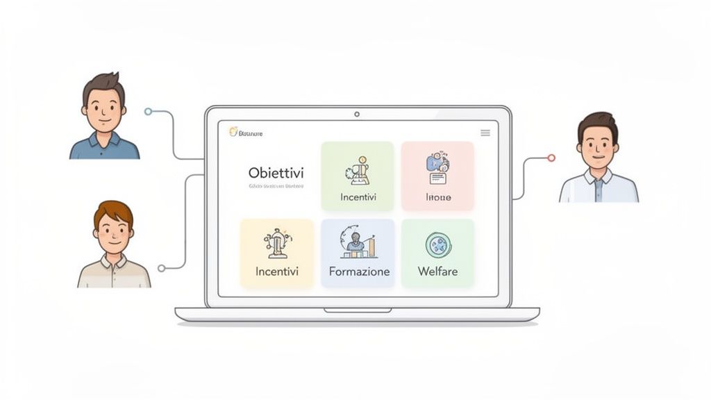Schermata laptop con opzioni Obiettivi, Incentivi, Formazione, Welfare, affiancata da utenti, rappresentando un modello di rewards aziendali.