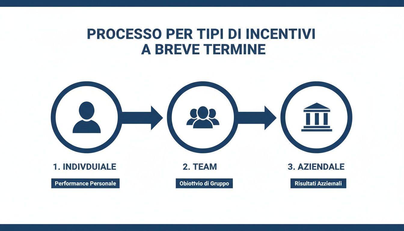 Diagramma che illustra il processo degli incentivi a breve termine: individuale (performance personale), di team (obiettivo di gruppo) e aziendale (risultati aziendali).