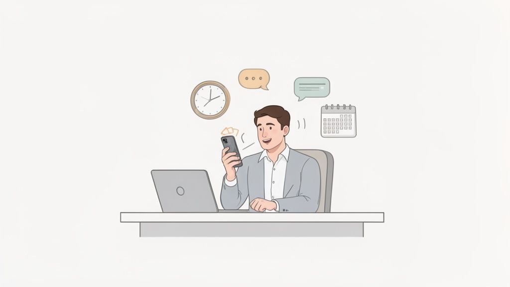 Un uomo sorridente seduto alla scrivania, guarda il suo smartphone con icone di orologio, chat e calendario, simboleggiando gestione del tempo e comunicazione efficiente.