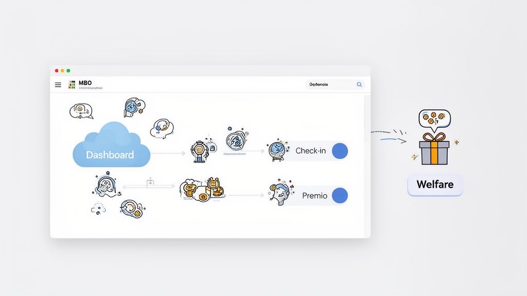 Un diagramma digitale illustra un flusso di lavoro che collega il dashboard al check-in, al premio e infine al welfare aziendale, con icone esplicative.