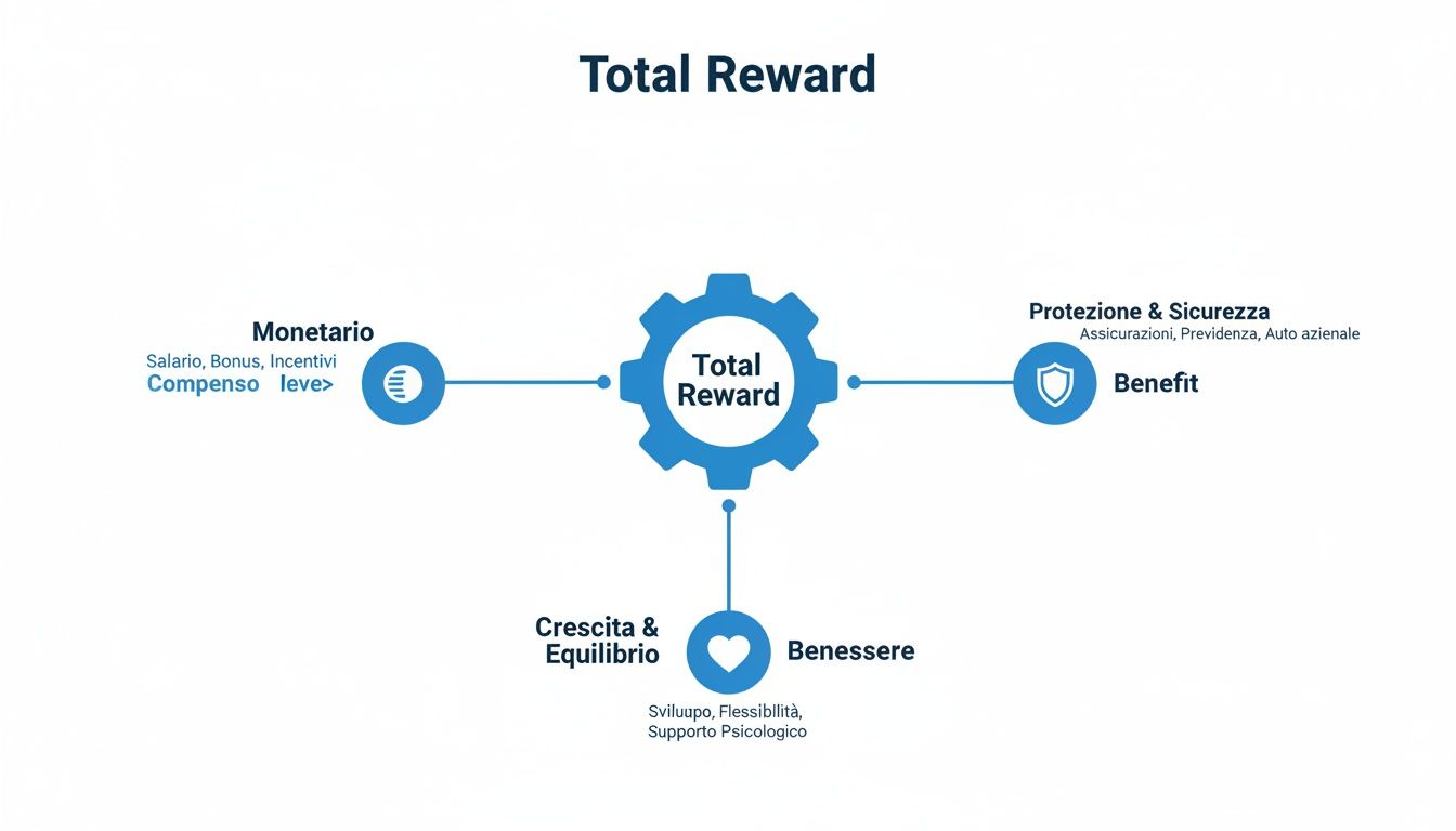 Diagramma del Total Reward che illustra i quattro pilastri chiave: Monetario, Protezione, Crescita ed Equilibrio, e Benessere.