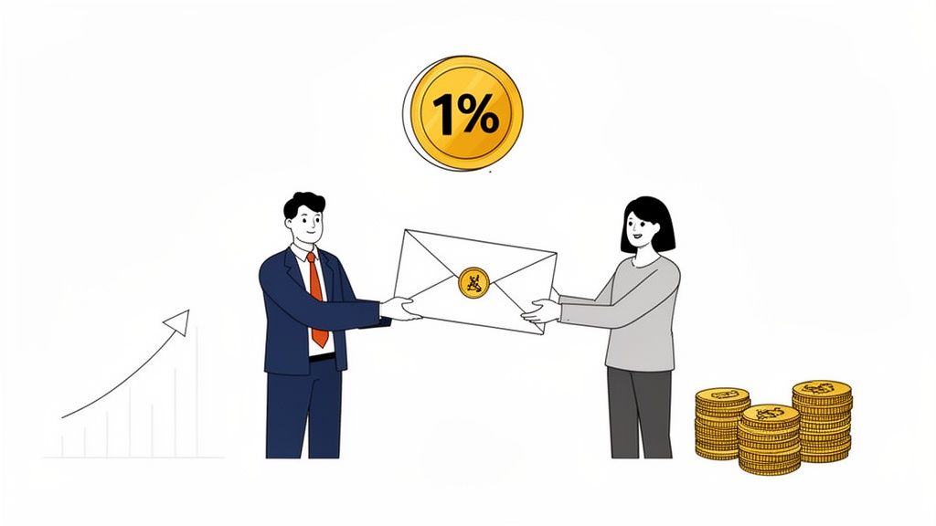 Uomo e donna si scambiano una busta, con il 1% evidenziato, grafici di crescita e pile di monete d'oro.