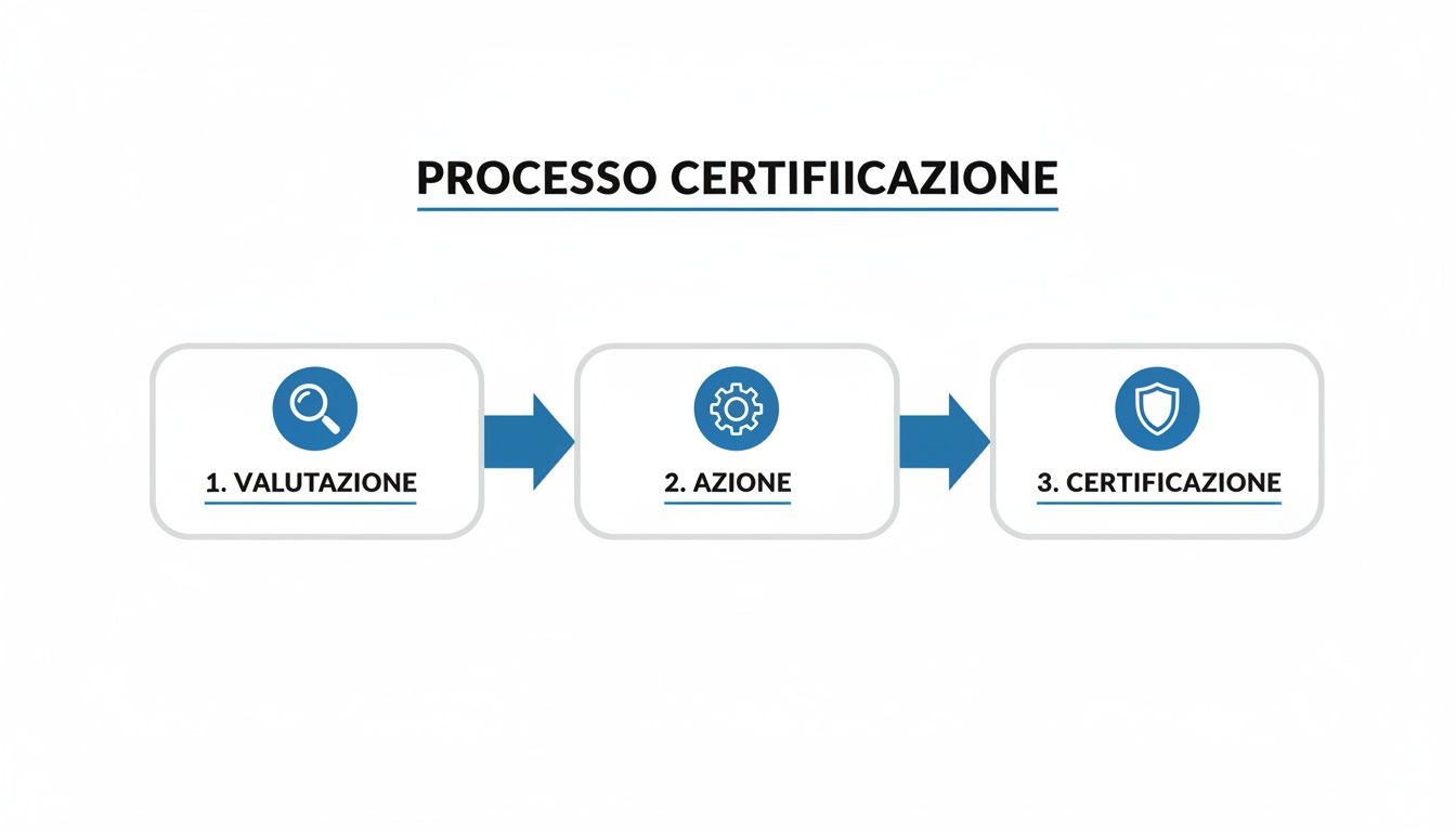 Schema che illustra il processo di certificazione in tre fasi: valutazione, azione e certificazione.