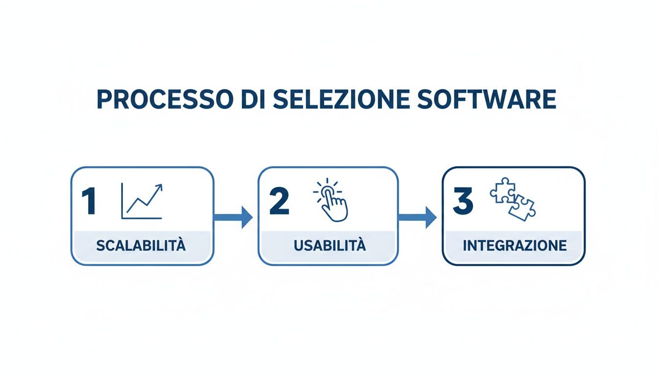 Processo di selezione software con tre fasi: scalabilità, usabilità e integrazione, illustrate con icone pertinenti.