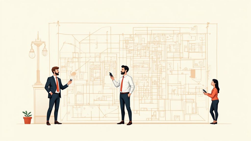 Tre professionisti osservano e interagiscono con una grande planimetria dettagliata su una parete utilizzando i loro smartphone.