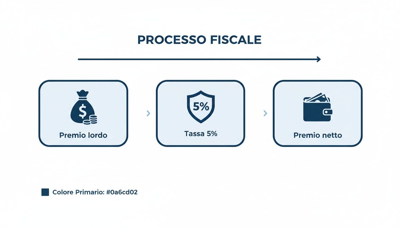 Infografica che illustra il processo fiscale dal premio lordo al premio netto, con una tassa del 5%.