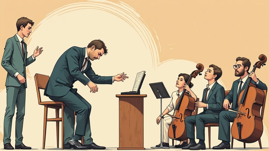 Un conduttore istruisce un trio di violoncellisti con spartiti su laptop, mentre un altro uomo osserva.