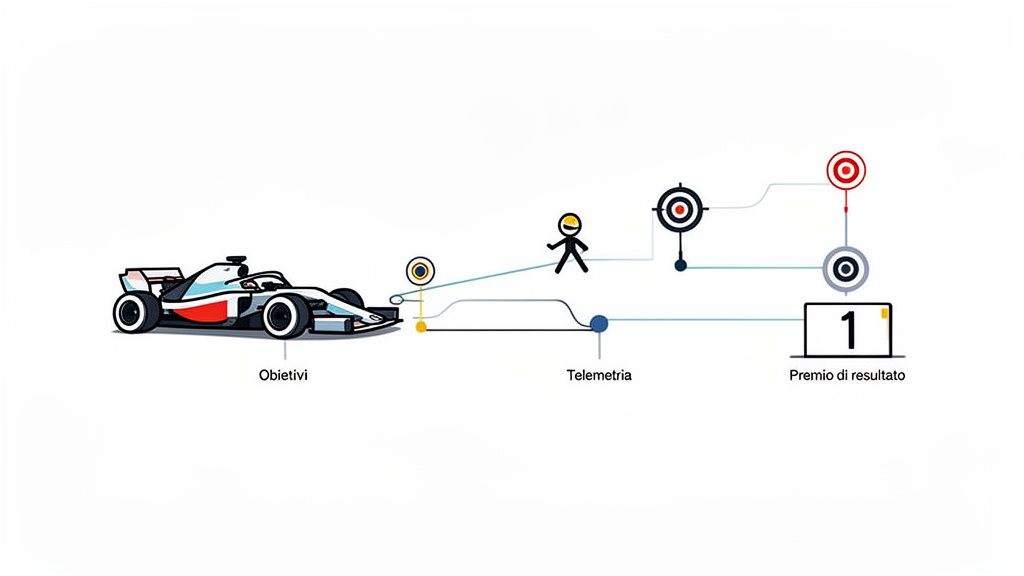 Diagramma illustra obiettivi (auto da corsa), telemetria (uomo stilizzato) e premio di risultato (numero 1).