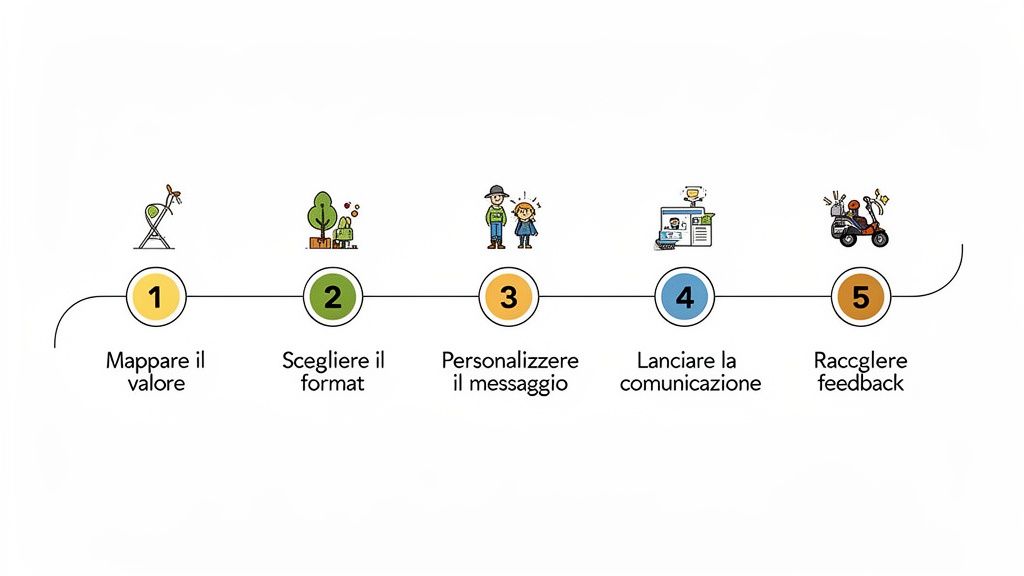 Un diagramma di flusso a 5 fasi con icone e testo che descrivono un processo di comunicazione aziendale.