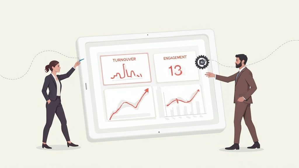 Due professionisti aziendali analizzano i dati HR su un grande tablet, mostrando grafici di turnover e coinvolgimento.