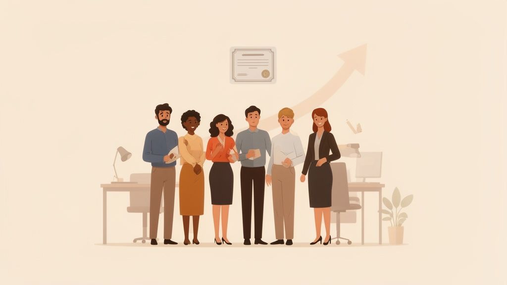 Professionisti sorridenti in ufficio con un certificato e una freccia verso l'alto, simboleggiando parità e successo.