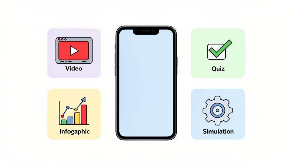 Uno smartphone centrale circondato da icone che rappresentano video, quiz, infografiche e simulazioni per l'apprendimento mobile.