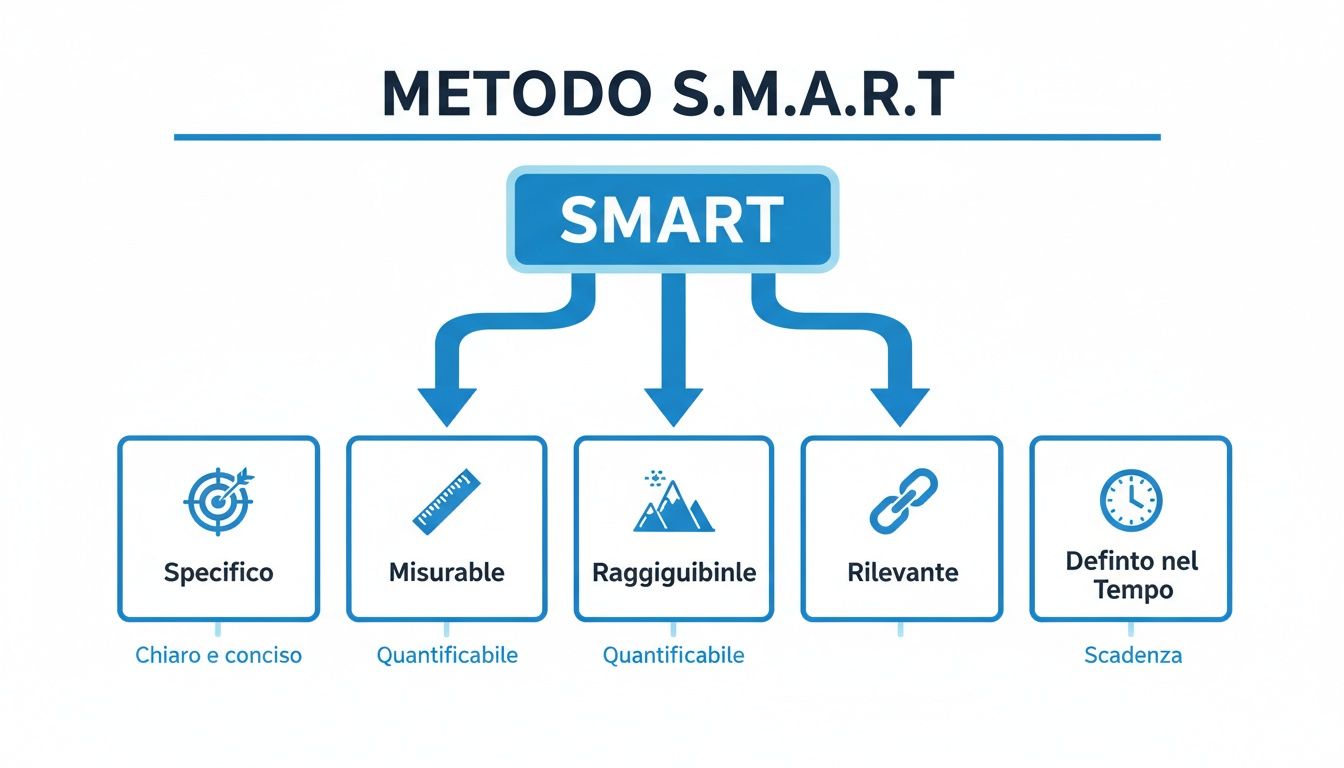 Diagramma del metodo S.M.A.R.T. che descrive i cinque principi per la definizione di obiettivi efficaci.
