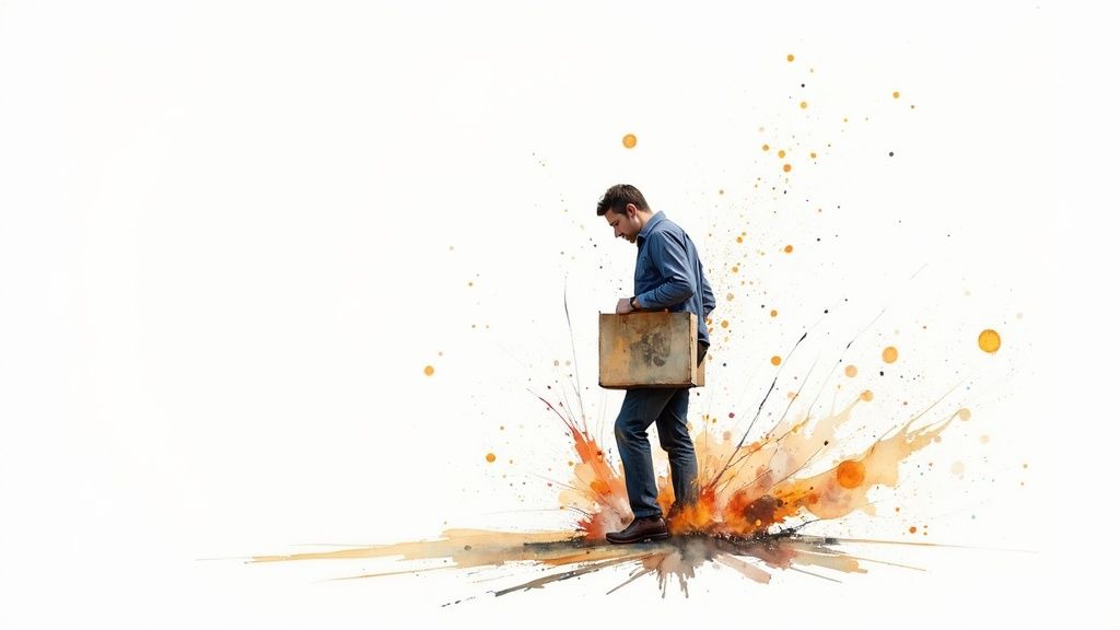 Uomo d'affari che cammina su esplosione di colori arancioni simboleggiando trasformazione digitale e innovazione