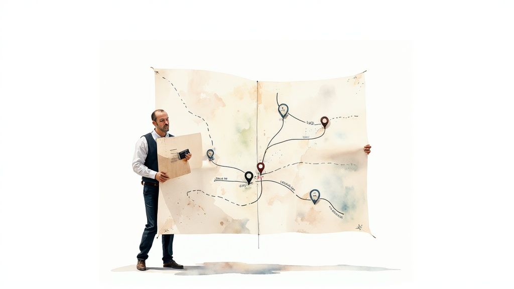 Professionista che presenta una mappa strategica con percorsi e destinazioni per la pianificazione delle risorse umane