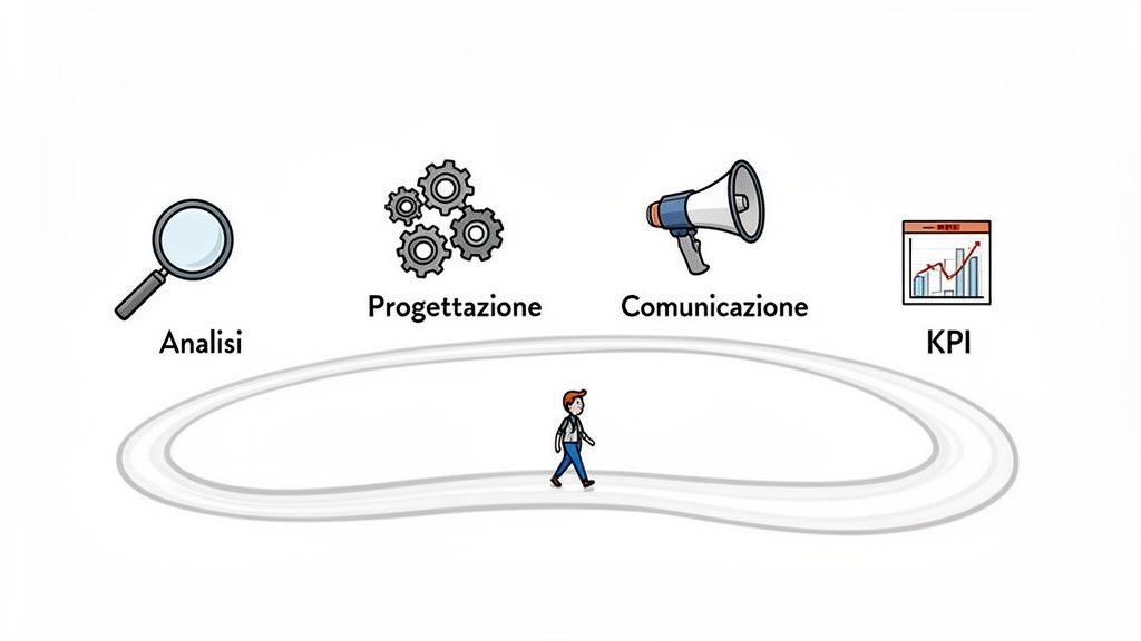 Illustrazione di un processo aziendale ciclico con fasi di analisi, progettazione, comunicazione e KPI, percorso da una persona.
