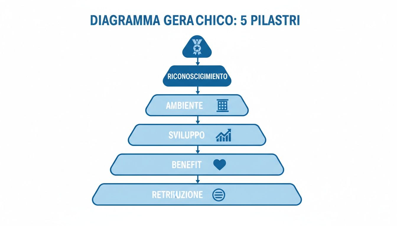 Diagramma gerarchico a 5 pilastri che illustra un modello completo di ricompensa per i dipendenti.