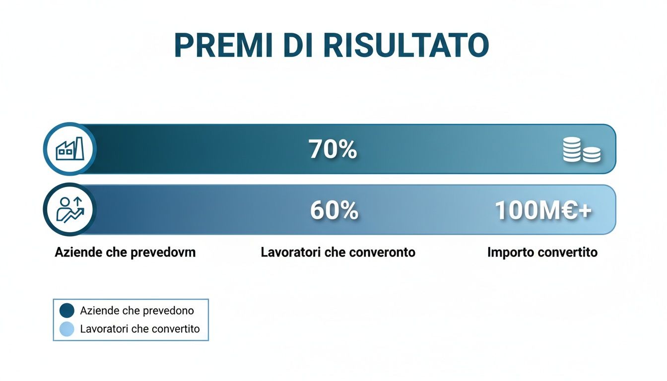 Grafico sui premi di risultato: il 70% delle aziende li prevede, il 60% dei lavoratori li converte per oltre 100M€.