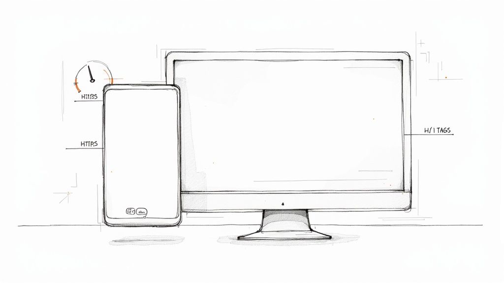 Desktop computer monitor and smartphone displaying HTTPS and HTTP protocols for secure web browsing
