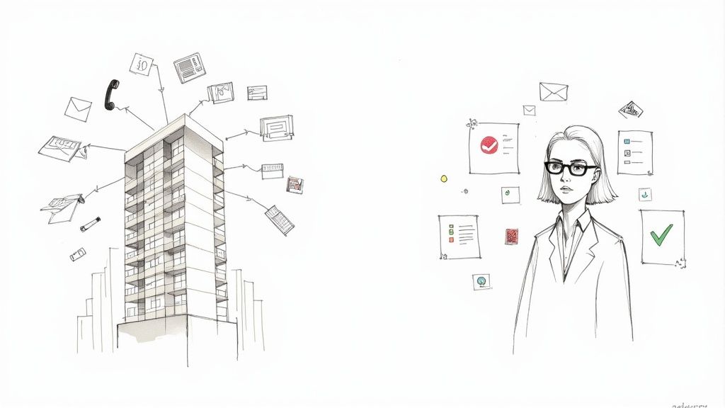 A line drawing depicts a building surrounded by documents and a woman managing tasks with digital icons.