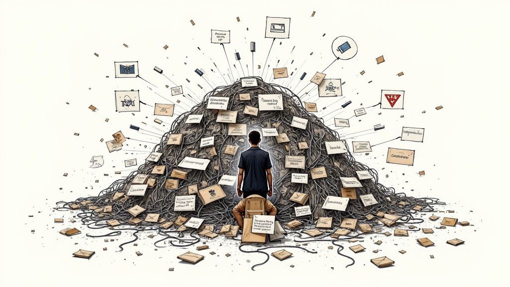 A person stands before a massive pile of tangled cables and documents, symbolizing information overload and complex communications.