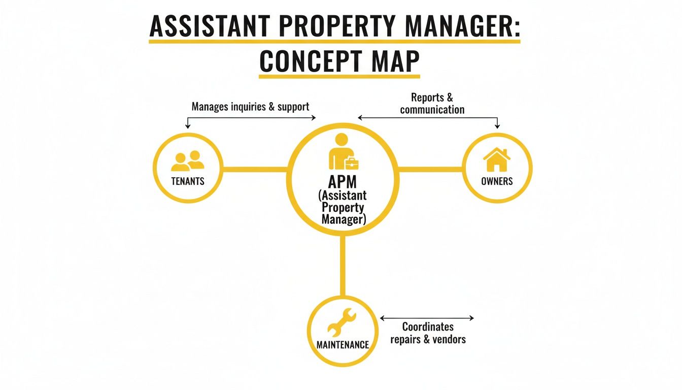 Concept map illustrating an Assistant Property Manager's roles and responsibilities with tenants, owners, and maintenance.