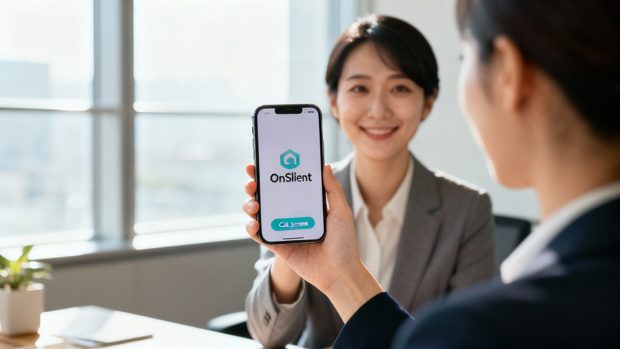 A professional using the OnSilent personal assistant AI app on their smartphone to manage calls and voicemails efficiently.