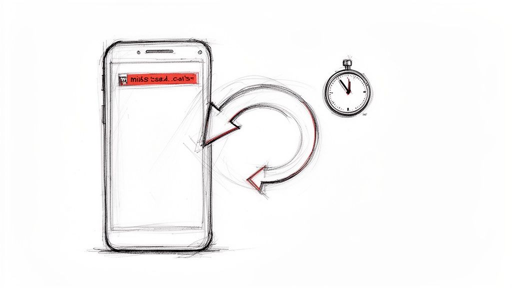 Hand-drawn sketch of a smartphone displaying a missed call notification, a refresh arrow, and a stopwatch.