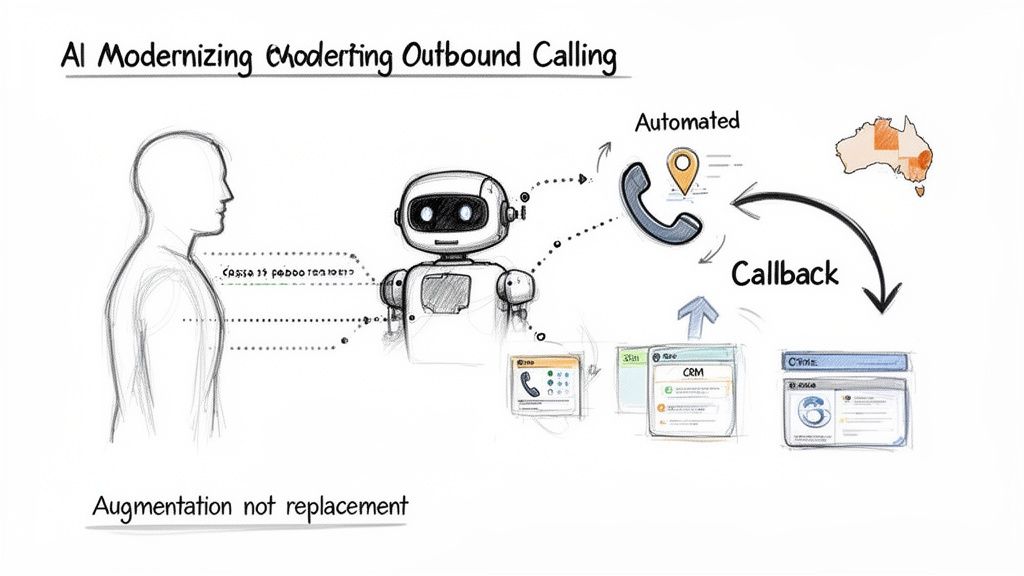 AI modernizing outbound calling process with automation, human augmentation, and CRM integration.
