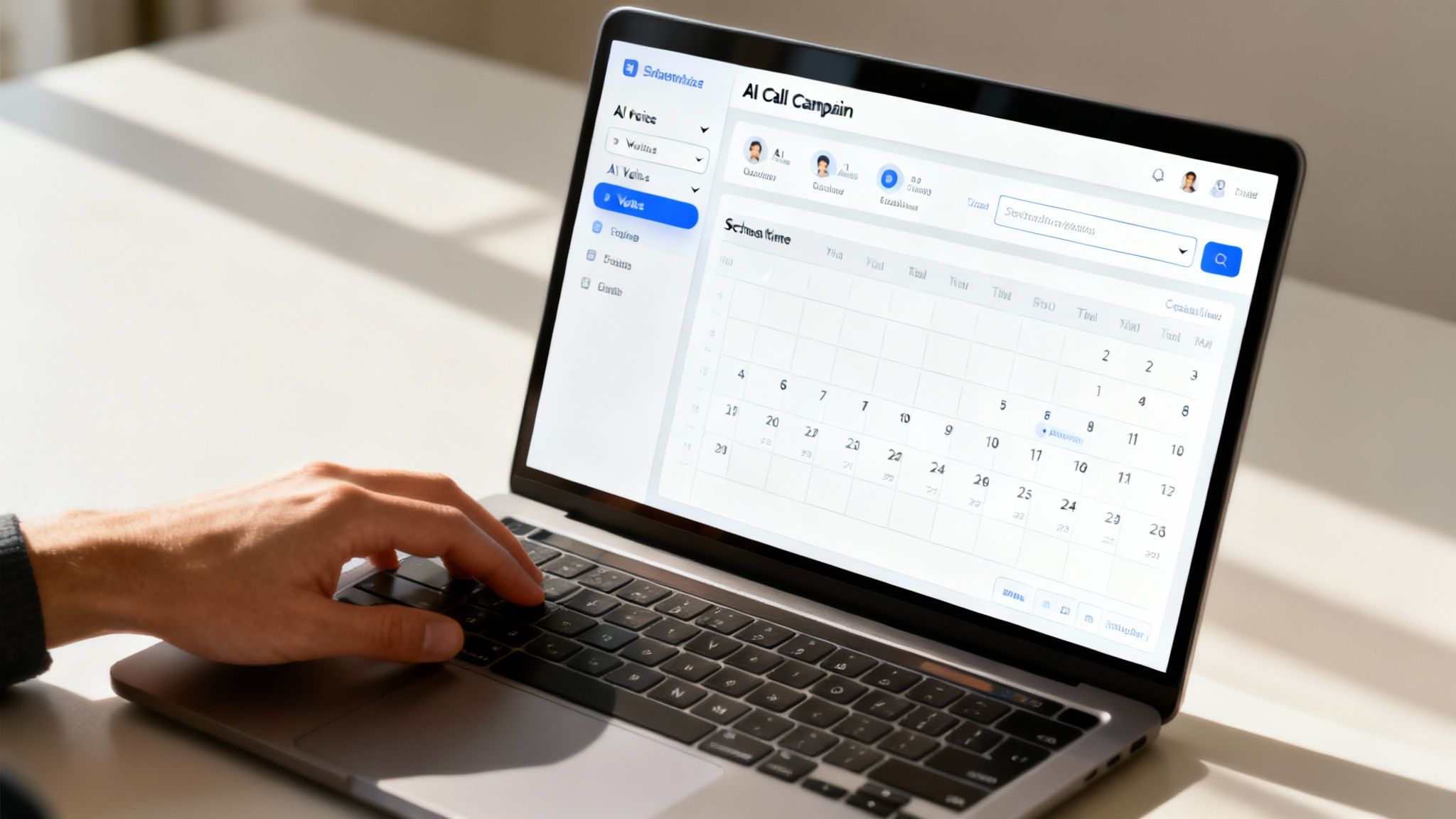 A person at a desk configures an AI call campaign on a computer, showing a clean user interface.