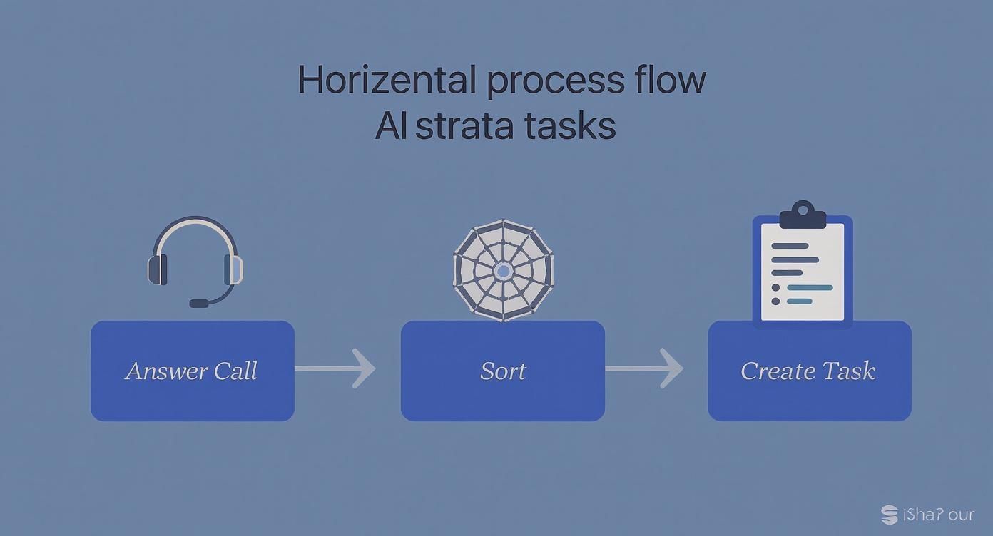 Horizontal workflow diagram showing AI strata management process: answer call, sort, and create task steps