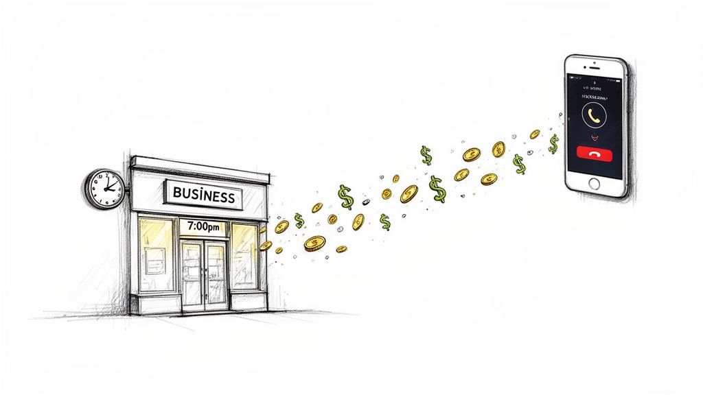Sketch of a business storefront at 7:00 pm, earning money from after-hours phone calls.