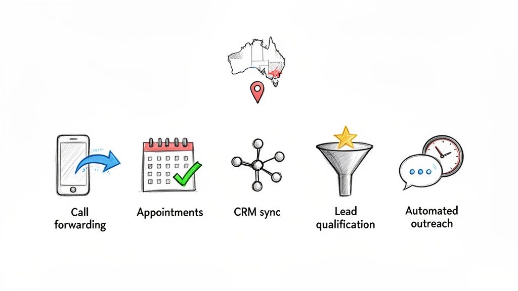 Workflow of virtual receptionist services in Australia, covering call forwarding, appointments, CRM sync, lead qualification, and automated outreach.