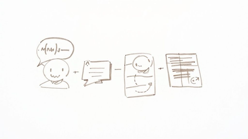 Illustration showing AI call assistant workflow from person speaking to document processing and output