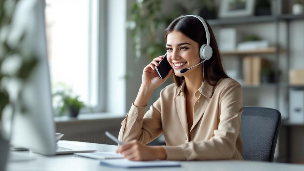 A professional woman smiles warmly while answering a phone call in a modern office setting, representing a positive brand interaction.