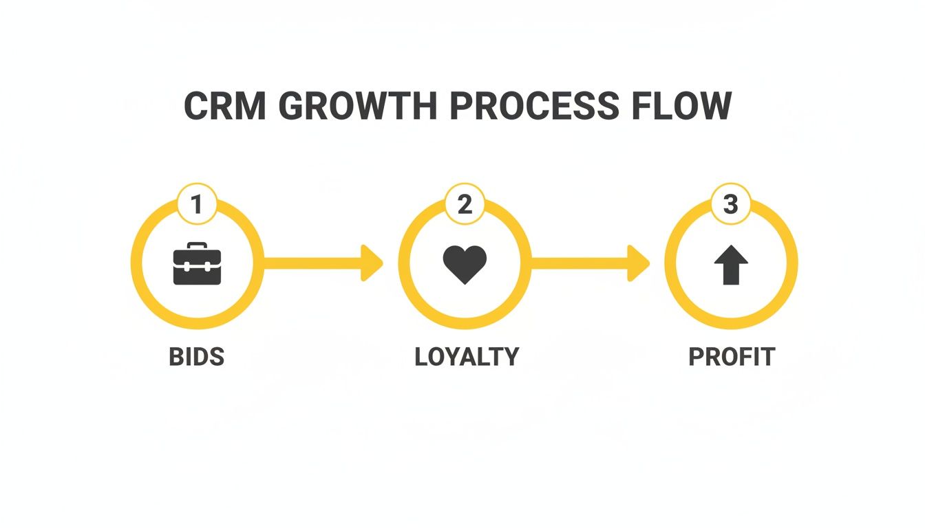 Diagram illustrating the CRM growth process flow with steps: Bids, Loyalty, and Profit.