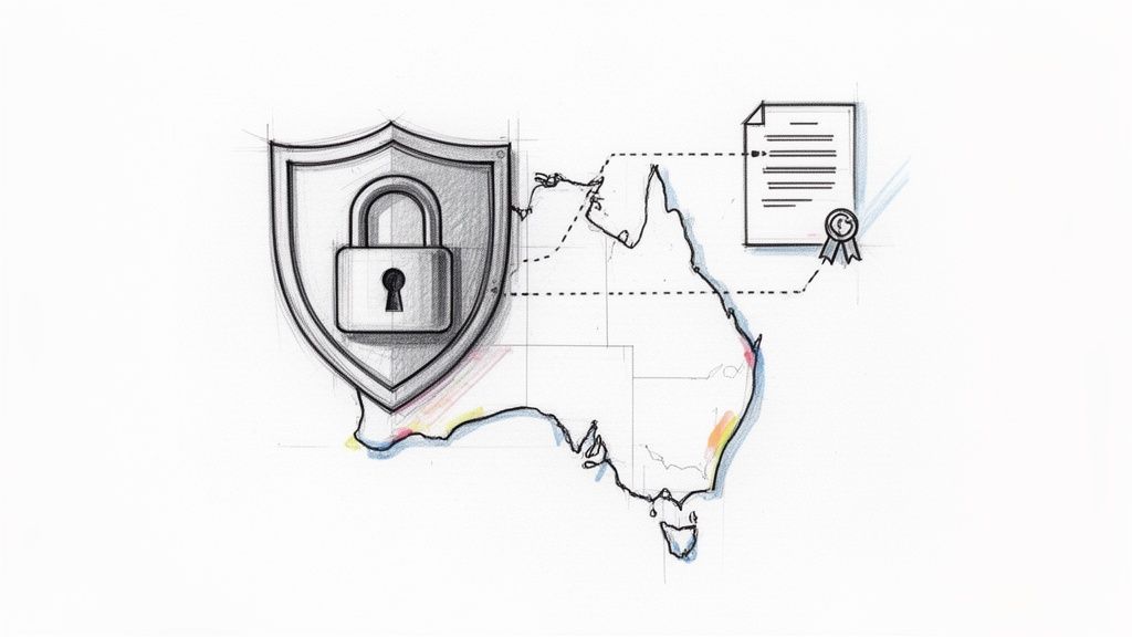 Sketch of a padlock on a shield protecting Australia, linked to a certified document.