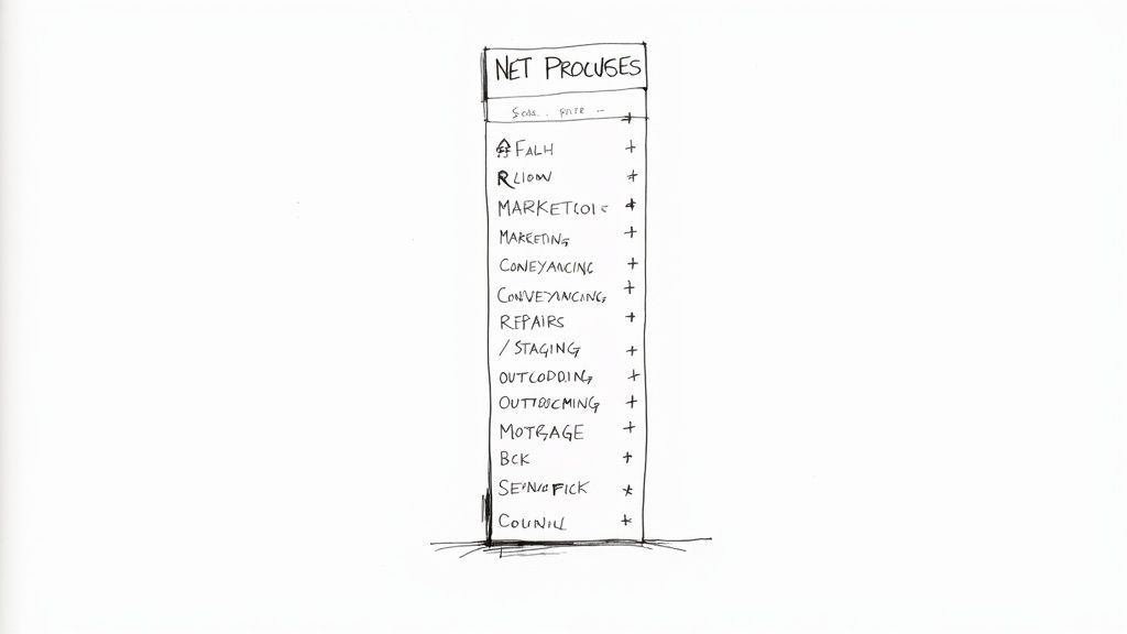 A handwritten list titled 'NET PROCEEDS' detailing various real estate items like marketing, repairs, and conveyancing, each with a plus sign.