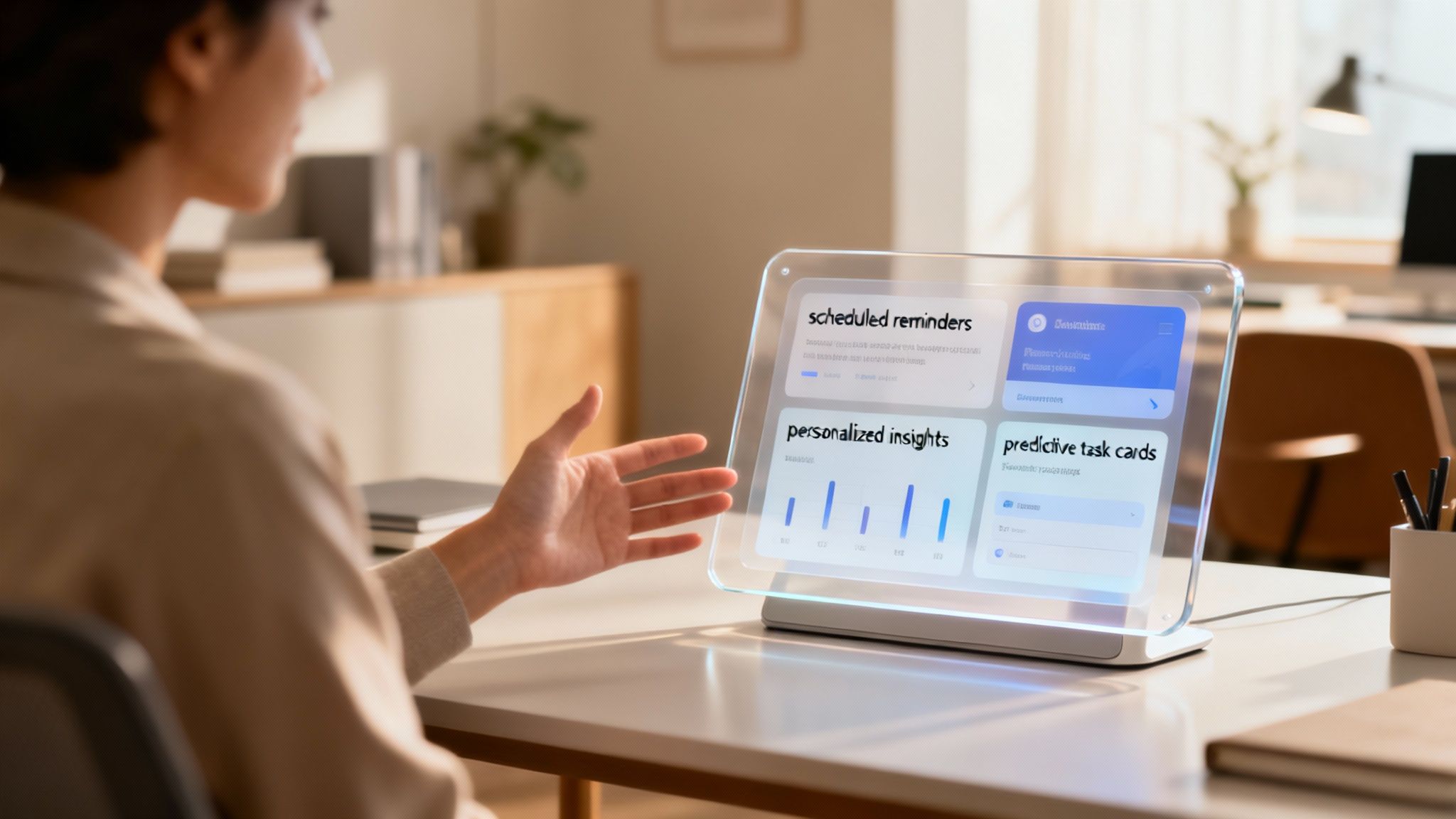 A futuristic, abstract image representing AI and human collaboration