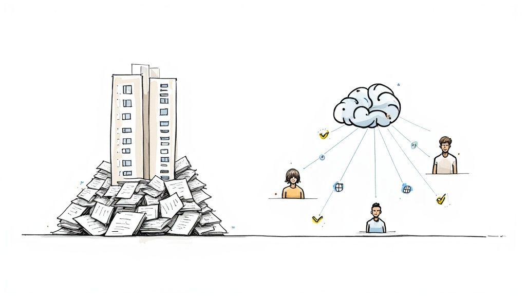 Illustration contrasting buildings on a large pile of paper with an AI brain connecting to people.