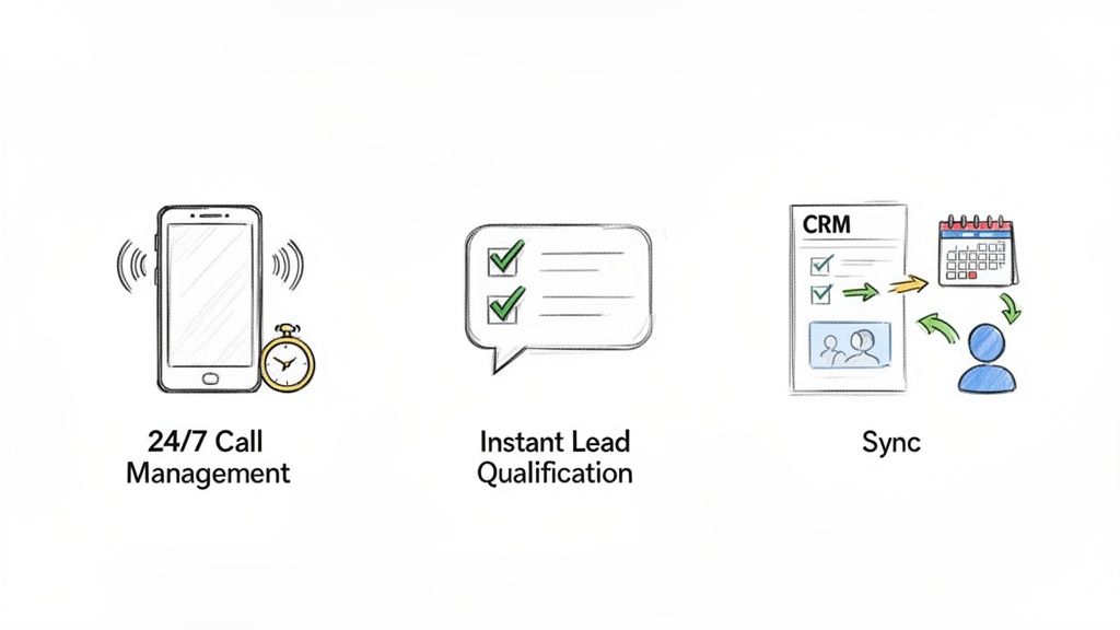 Illustrations showing 24/7 call management, instant lead qualification, and CRM sync features.