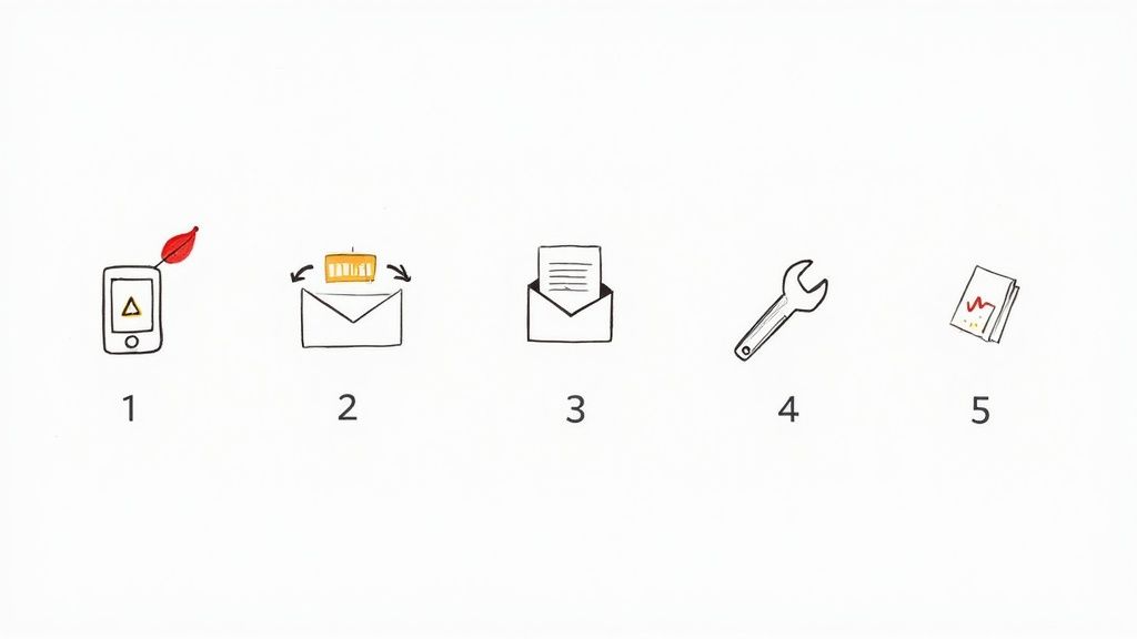 A series of five hand-drawn icons illustrating a business process from input to analysis.