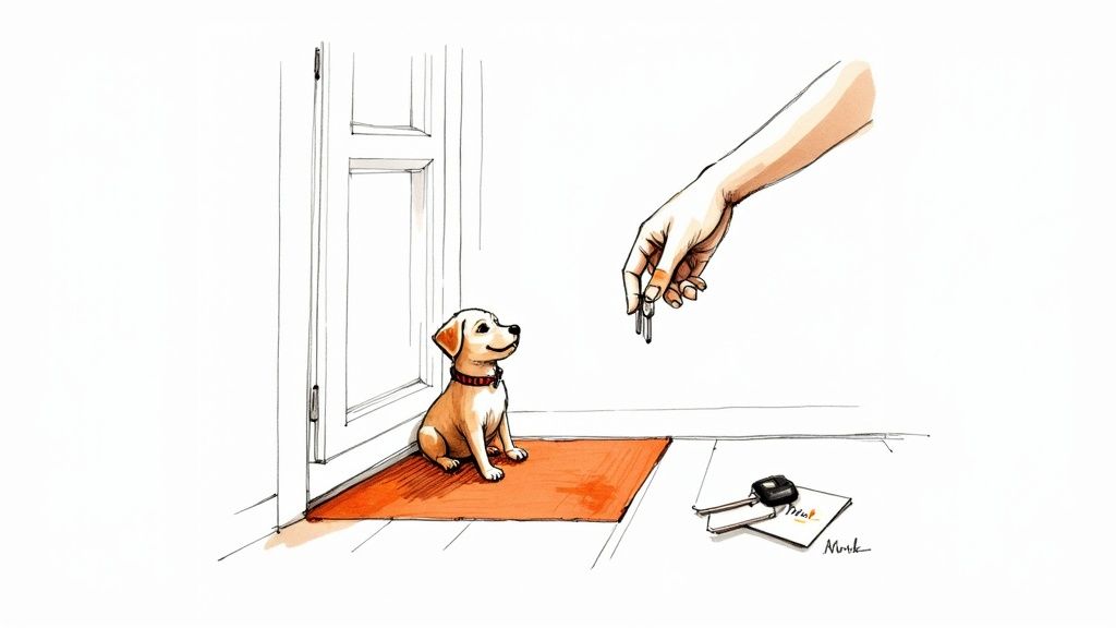 A small, happy puppy sits on an orange mat, looking at keys held by a human hand.
