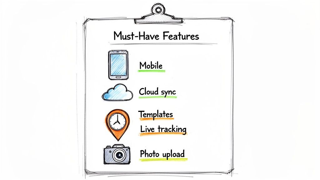 A hand-drawn clipboard lists 'Must-Have Features' with icons: Mobile, Cloud sync, Templates, Live tracking, Photo upload.